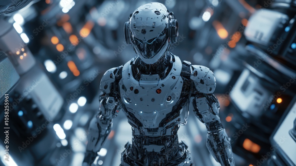 3D effect of a robotic figure with intricate metallic design and dynamic lighting, navigating 3D effect of a robotic figure with intricate metallic design and dynamic lighting, navigating