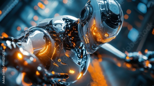 3D effect of a sleek, futuristic robot with intricate metal plating and dynamic glowing elements,