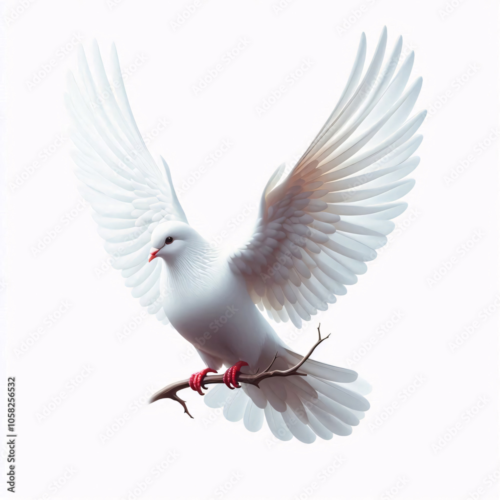 A white dove with wings outstretched, perched on a branch against a white background A white dove with wings outstretched, perched on a branch against a white background