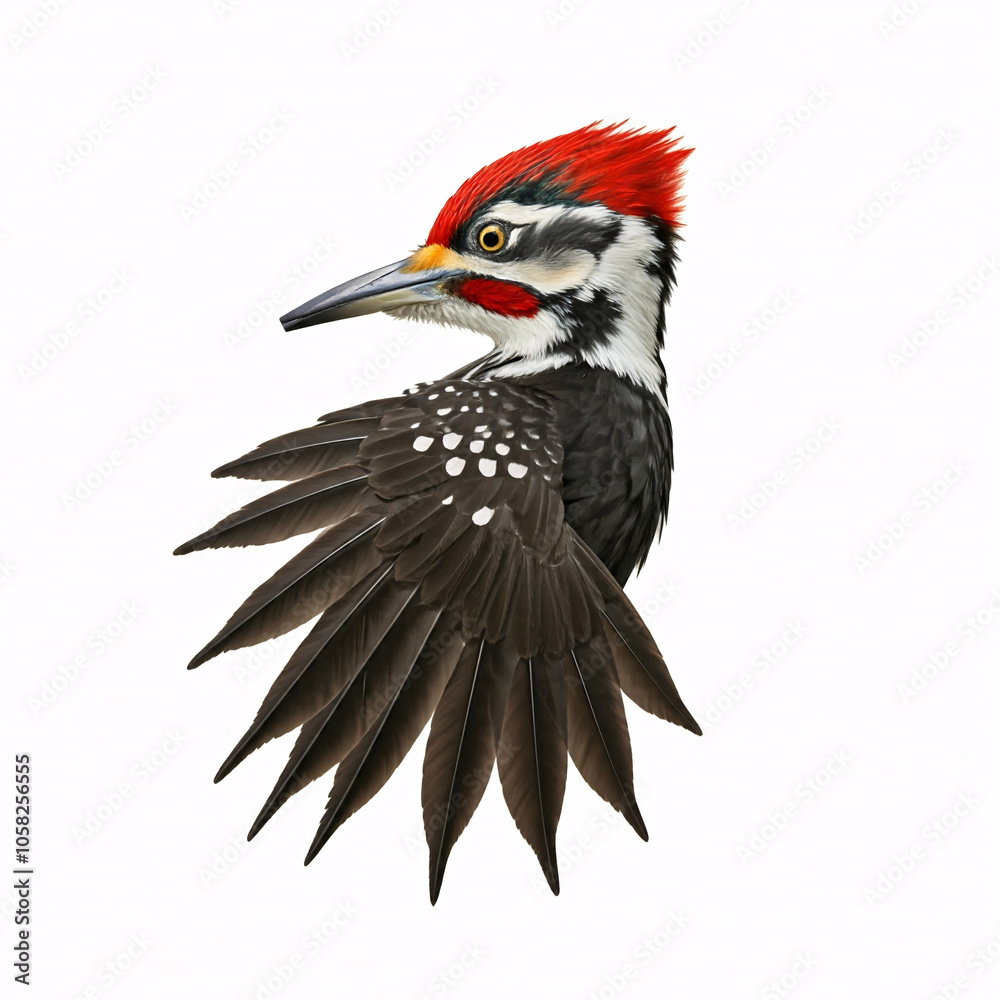 A striking Pileated Woodpecker with vibrant red crest and black and white plumage, isolated on a white background A striking Pileated Woodpecker with vibrant red crest and black and white plumage, isolated on a white background