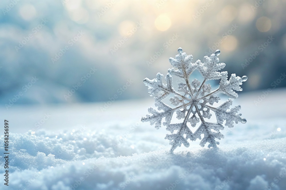 A delicate snowflake gently falls on a pristine white background, peaceful, delicate, frozen A delicate snowflake gently falls on a pristine white background, peaceful, delicate, frozen