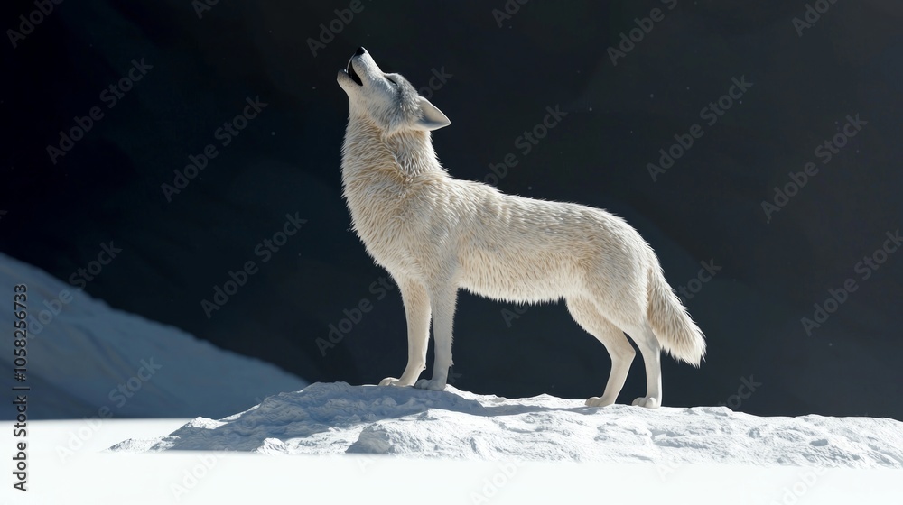Majestic Lone Wolf Howling at Moon on Snowy Ridge - 3D Render Illustration Embodying Wild Winter Spirit Majestic Lone Wolf Howling at Moon on Snowy Ridge - 3D Render Illustration Embodying Wild Winter Spirit
