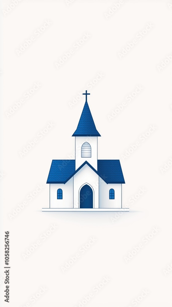 Simple illustration of a church with a blue roof and white walls, minimalistic design on a light background. Simple illustration of a church with a blue roof and white walls, minimalistic design on a light background.