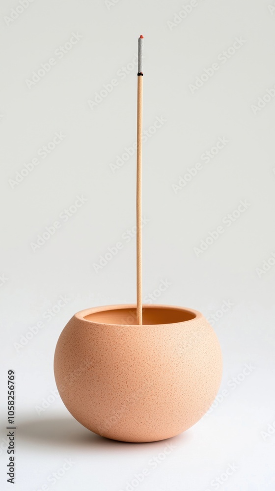 Simple terracotta incense holder with stick, minimalistic design, isolated on a light background. Simple terracotta incense holder with stick, minimalistic design, isolated on a light background.