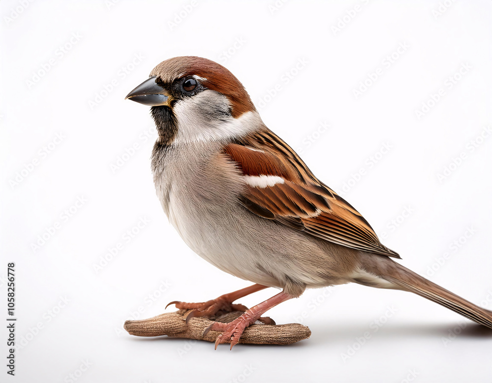 A small sparrow with brown and gray feathers stands on a white background A small sparrow with brown and gray feathers stands on a white background