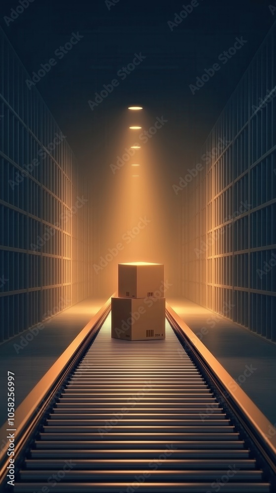 Two cardboard boxes on a conveyor belt in a well-lit warehouse, symbolizing logistics and storage. Two cardboard boxes on a conveyor belt in a well-lit warehouse, symbolizing logistics and storage.