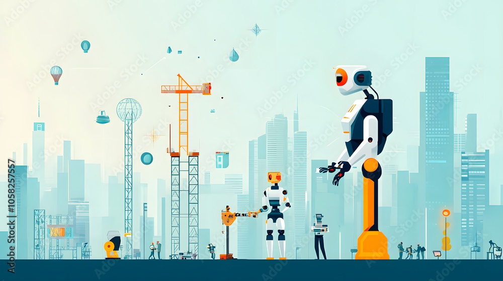 Obraz premium Robots inspecting building structures in futuristic cityscape