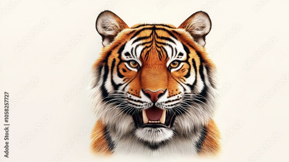 Fototapeta premium A stylized tiger head with bright, detailed orange fur and thick black stripes, smiling against a plain white background in a vector format.