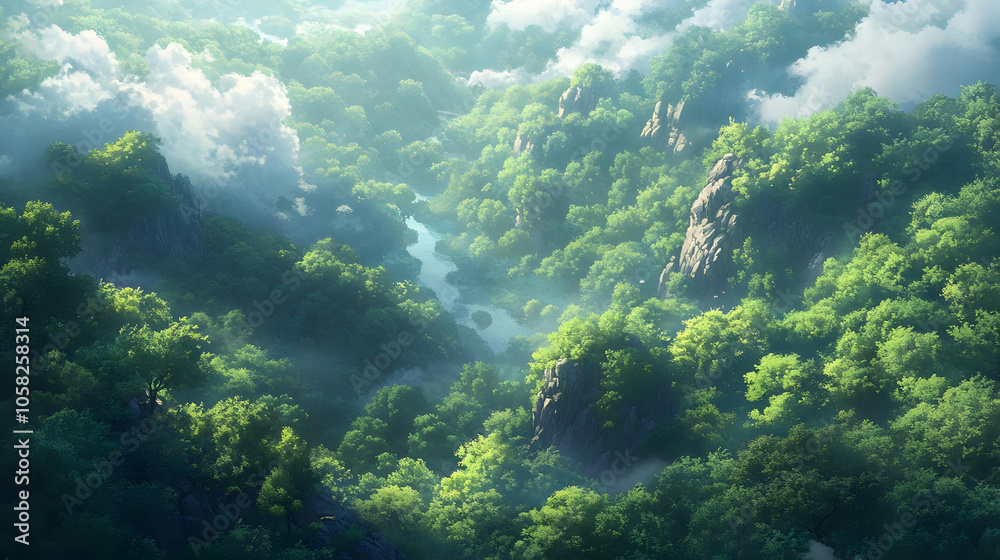 Illustration of Lush Green Forest Valley with River and Clouds Illustration of Lush Green Forest Valley with River and Clouds