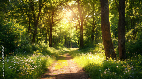 Beautiful sunlit forest path surrounded by lush green trees and wildflowers on a sunny day, capturing the serene, natural beauty of the woodland. Sunlit Forest. Illustration