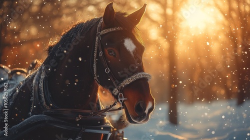 A brown horse with a white star on its forehead stands in a snowy forest with the sun shining through the trees.