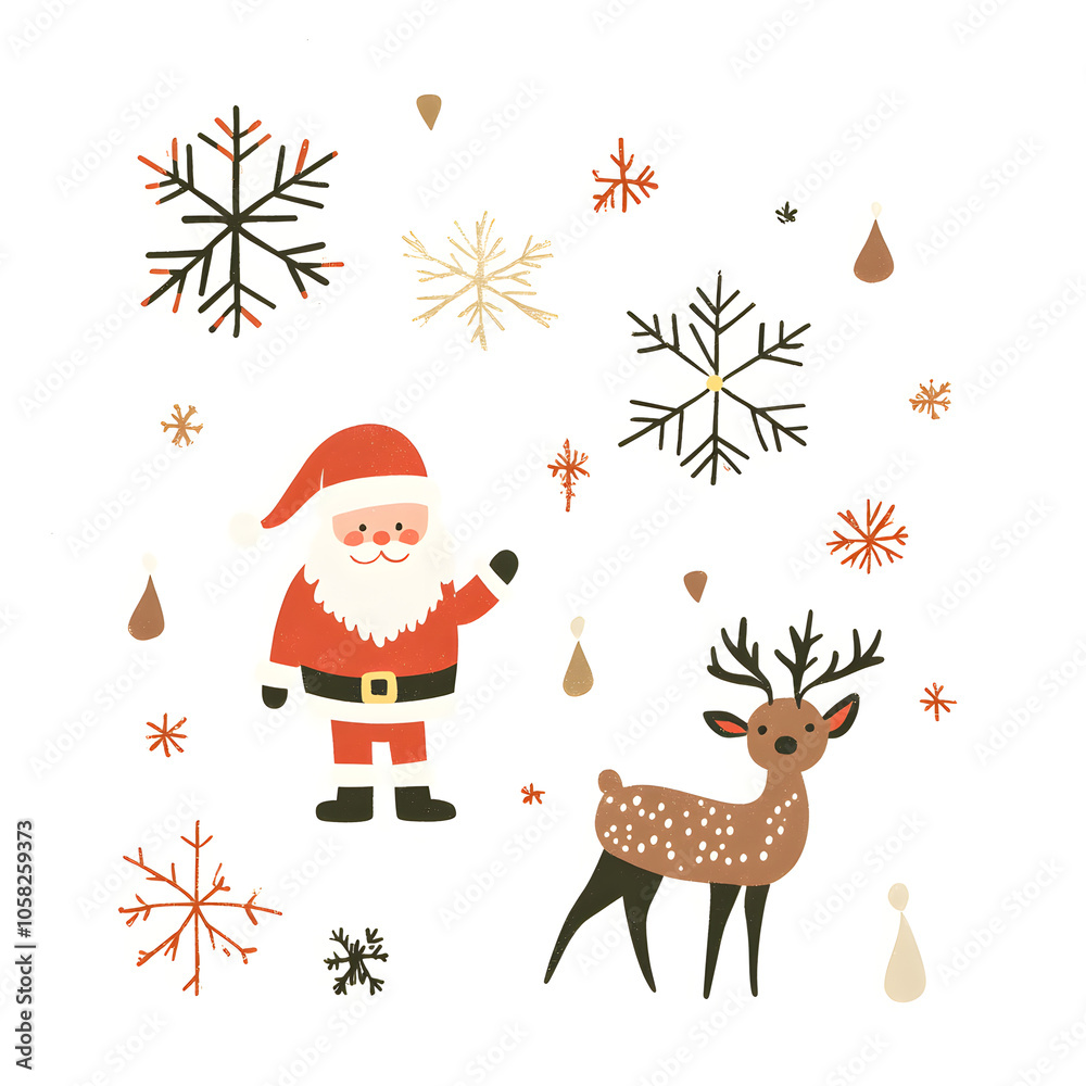Fototapeta premium Joyful Christmas and New Year Collection: Santa, Festive Animals, Whimsical Decorations, Cozy Holiday Scenes, and Playful Winter Elements on White Background