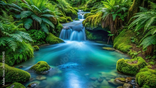 A dripping aquamarine spring bubbles out of the ground into a slow-moving stream, surrounded by ferns and moss, stream, earthy, natural, greenery, ferns