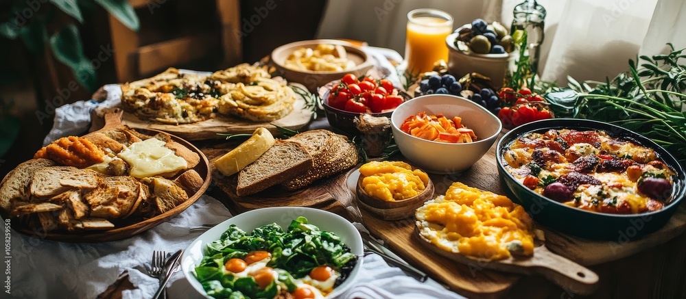 A colorful spread of breakfast options. A colorful spread of breakfast options.