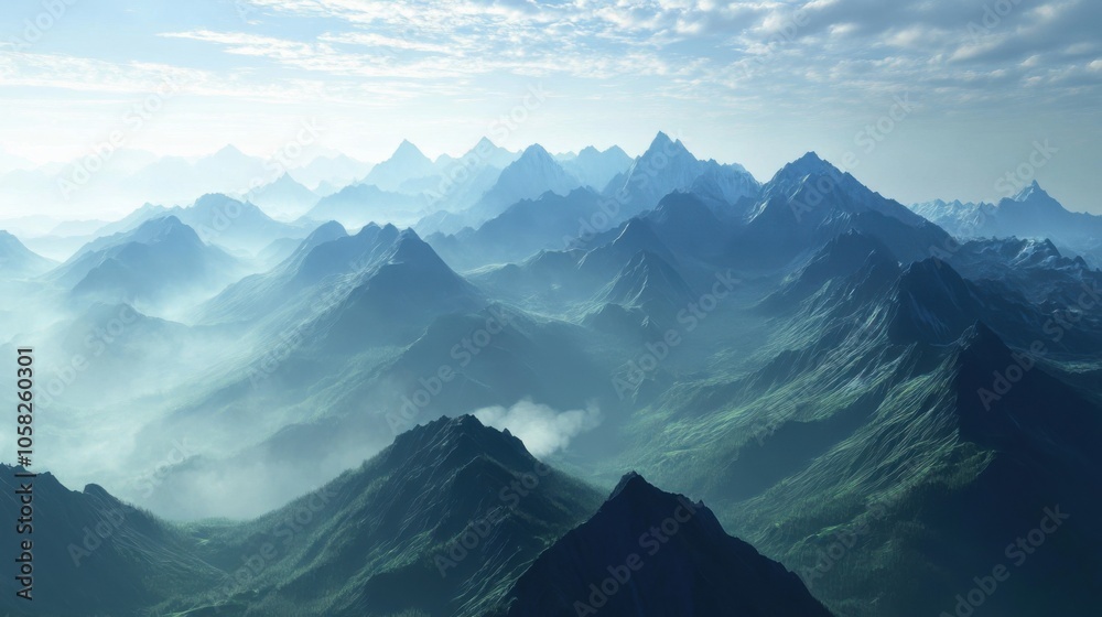 Serene mountain landscape with mist and distant peaks. Serene mountain landscape with mist and distant peaks.