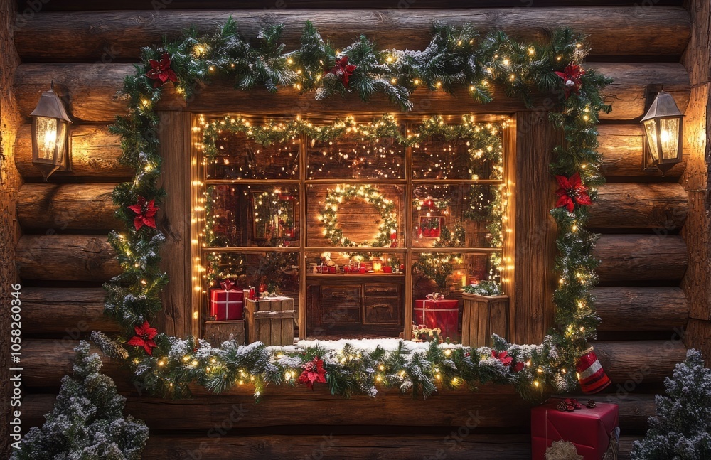 Fototapeta premium Cozy Log Cabin with Christmas Lights and Santa Workshop Display