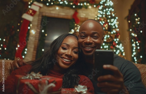 Black family celebrating Christmas with gifts and selfies on sofa