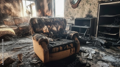 Investigating the scene: burnt furniture as evidence in an arson case.