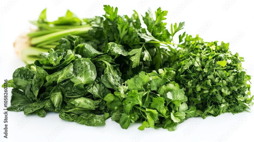 Fototapeta premium Fresh green veggies arranged beautifully against a stark white surface.