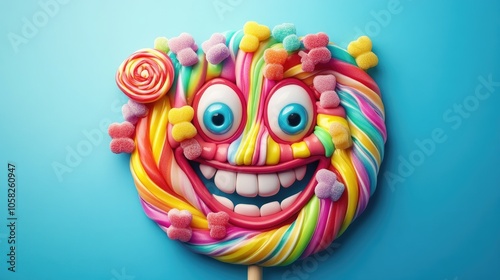 Cartoon candy smile with lollipops and gummy bears forming a joyful, colorful face. Sweet and playful.