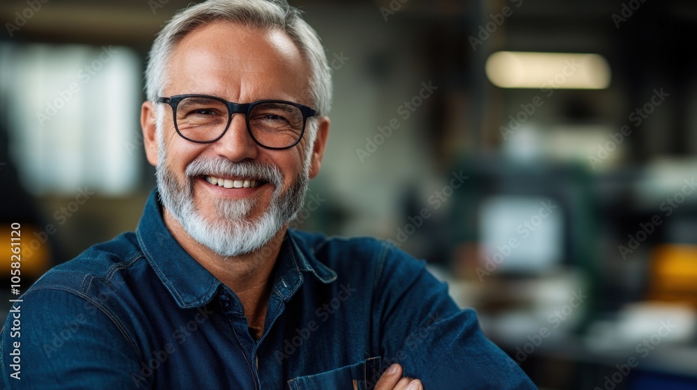 Senior Man Smiling in Electronics Workshop Environment Senior Man Smiling in Electronics Workshop Environment