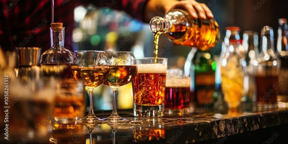 Bartender serving an array of beverages at the bar. Bartender serving an array of beverages at the bar.