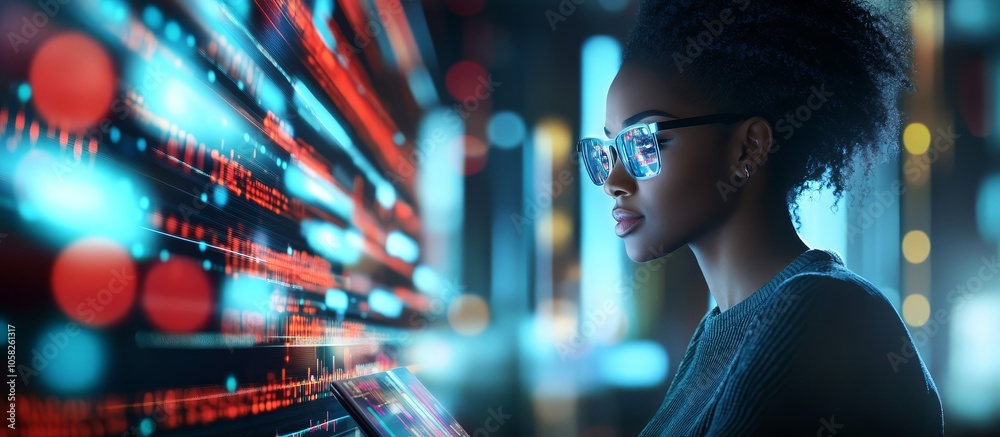 Naklejka premium Black woman exploring fintech innovations and cryptocurrency trends.