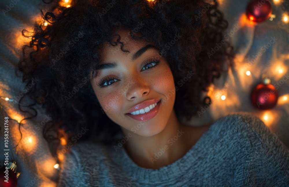 Cheerful African American woman lying on bed with Christmas lights Cheerful African American woman lying on bed with Christmas lights