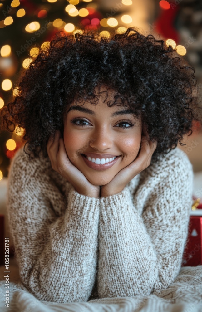 Cheerful African American woman lying on bed with Christmas lights Cheerful African American woman lying on bed with Christmas lights