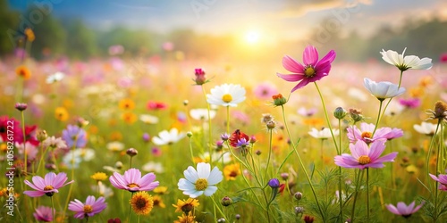 A field of fragrant wildflowers swaying gently in the breeze, landscape photography, purple, colorful, lavender fields