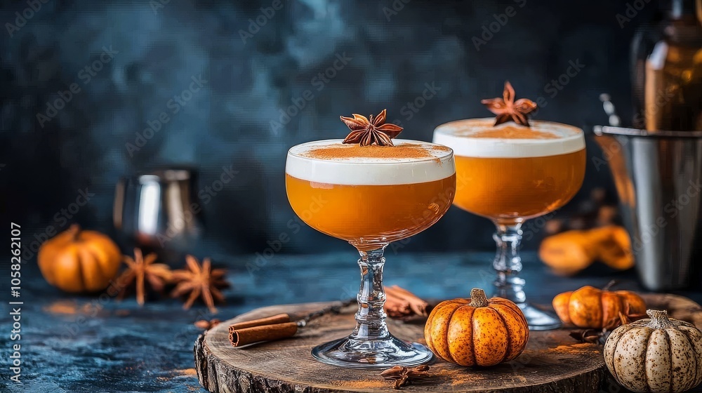 A cozy display of seasonal pumpkin spice drinks in a charming setting. A cozy display of seasonal pumpkin spice drinks in a charming setting.