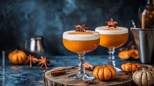 Fototapeta Naklejka Na Ścianę i Meble -  A cozy display of seasonal pumpkin spice drinks in a charming setting.