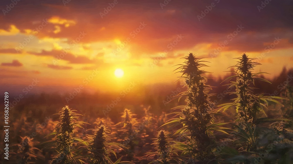 Fototapeta premium Growing cannabis, marijuana, and hemp plants during sunset hours.
