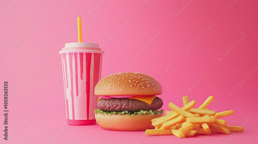 Fast food combo featuring a burger, fries, and a drink, in a vibrant, colorful design. Bold and mouth-watering.