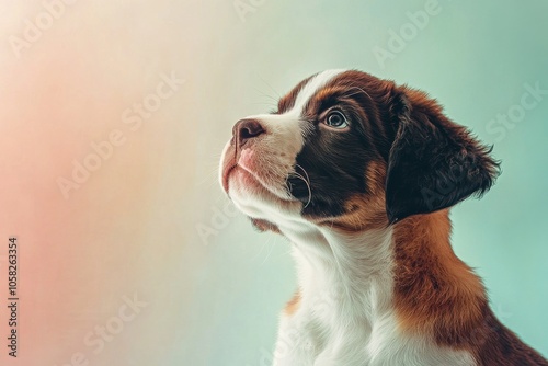 Mystic portrait of baby Saint Bernard in studio, copy space on right side, Headshot, Close-up View, isolated on white background