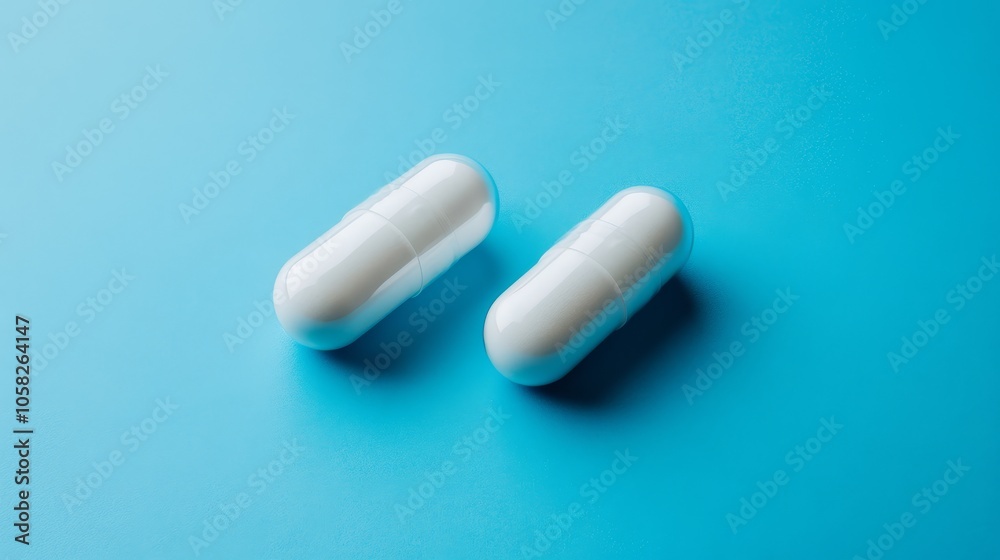 Focus on white capsules with an emphasis on the contrasting blue background.