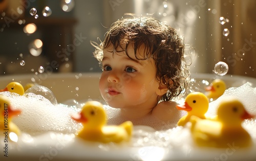 A joyful child playing in a bubbly bath with rubber ducks, surrounded by floating bubbles in a warm, inviting atmosphere.