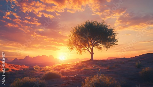 A Solitary Tree Silhouetted Against a Fiery Sunset Over Desert Landscape