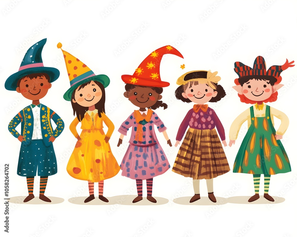 Whimsical illustrations of diverse children in colorful costumes and hats, perfect for Halloween or festive themes. Whimsical illustrations of diverse children in colorful costumes and hats, perfect for Halloween or festive themes.