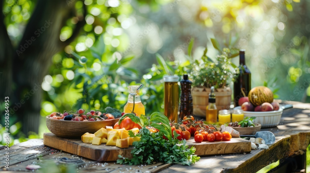 Wooden table with food display in nature setting for product advertising. Wooden table with food display in nature setting for product advertising.