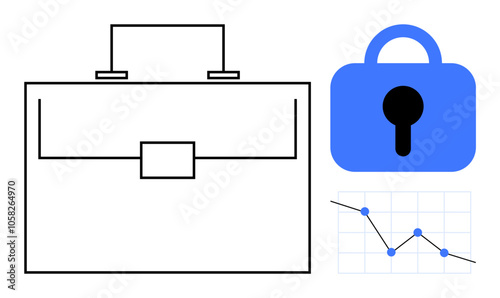 Large outline of a briefcase alongside a blue lock icon and a line graph with descending trend. Ideal for business finance market analysis data security corporate safety. Simple clean modern style