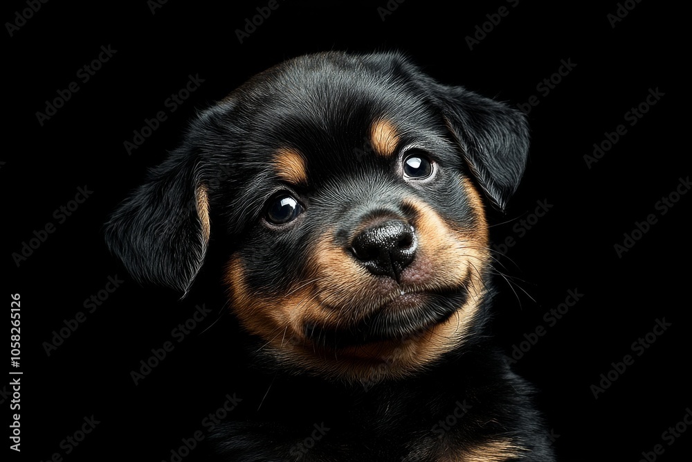 Mystic portrait of baby Rottweiler in studio, copy space on right side, Headshot, Close-up View, isolated on black background Mystic portrait of baby Rottweiler in studio, copy space on right side, Headshot, Close-up View, isolated on black background