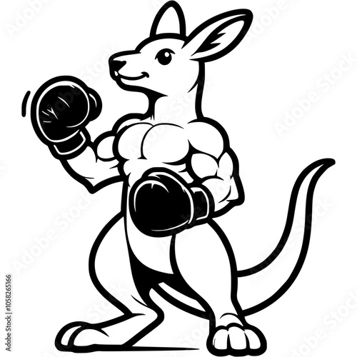 Australian boxer kangaroo with powerful muscles in boxing gloves determined to train in monochrome. Simple minimalistic vector in black ink drawing on transparent background