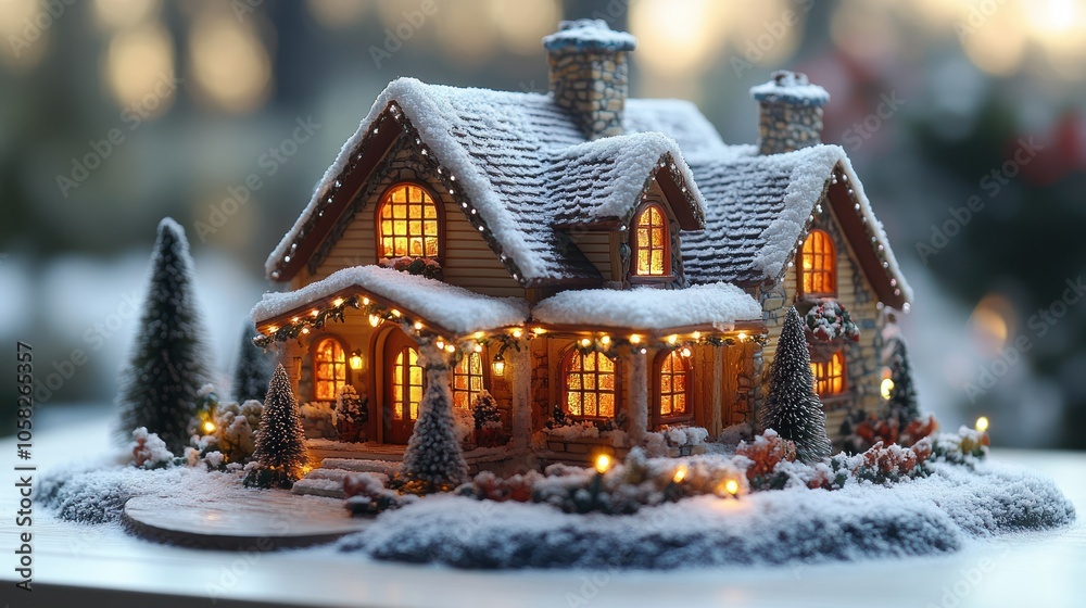 Naklejka premium A 4K Christmas village house decoration with lights and snow on the roof.
