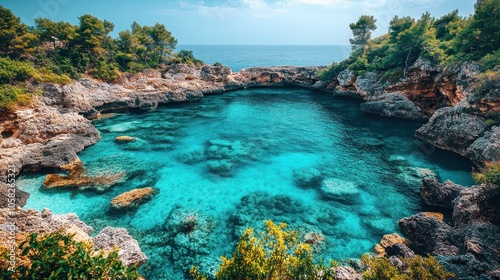 A secluded cove with crystal clear turquoise water surrounded by rocky cliffs and lush greenery.