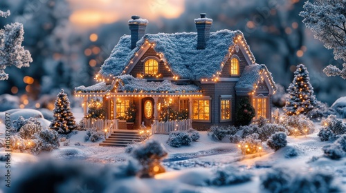 A 4K Christmas village house decoration with lights and snow on the roof.