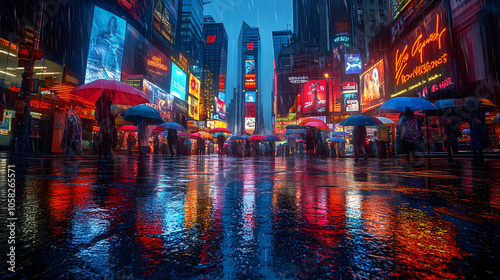 Rainy City Street with Neon Sign Reflections on Wet Pavement, Capturing Urban Night Vibes 