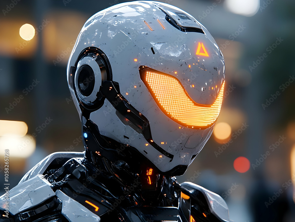 Futuristic Cyborg Illustration - White Helmet, Orange Glow Futuristic Cyborg Illustration - White Helmet, Orange Glow