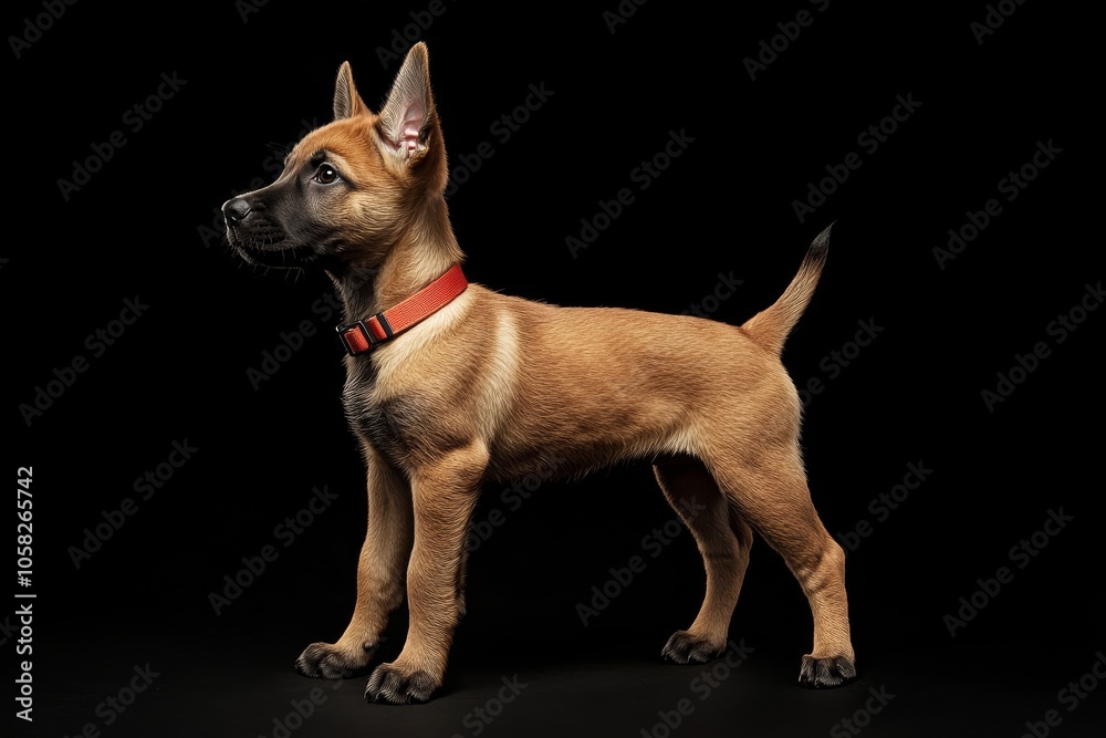 the beside view baby Belgian Malinois standing, left side view, low angle, white copy space on right, Isolated on black Background