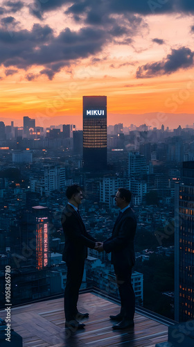 Businessmen Shaking Hands Over City Skyline - Photo photo